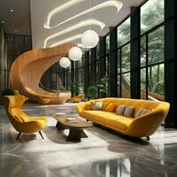 3D rendered luxury hotel reception contemporary lounge, striking yellow seating For Social Media Post Size AI Generated photo