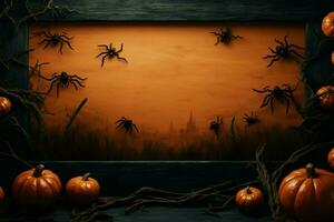 Halloween themed orange background for party invitations with clouds, bats, pumpkins AI Generated photo