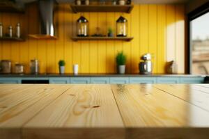 An empty wooden table against a blurred yellow kitchen backdrop AI Generated photo