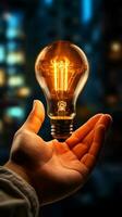 Hand with luminous bulb symbolizes business innovation and visionary thinking Vertical Mobile Wallpaper AI Generated photo