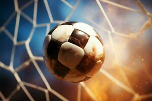 Net bound Soccer ball sails into the goal, cheering spectators AI Generated photo