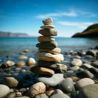 Nautical formation Sea kissed stones stacked into a pyramid along the shore For Social Media Post Size AI Generated photo