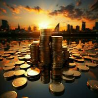 Towering coin stacks at sunrise evoke financial prowess and ambition For Social Media Post Size AI Generated photo