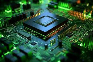 Green circuit board hosts a diverse array of embedded electronic elements AI Generated photo