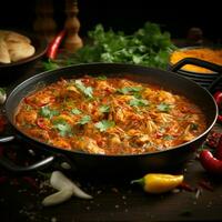 Tasty chicken curry in a pan with wooden spices For Social Media Post Size AI Generated photo