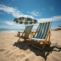 Seaside relaxation Beach chairs on white sand beneath blue sky, basking in sunlight For Social Media Post Size AI Generated photo