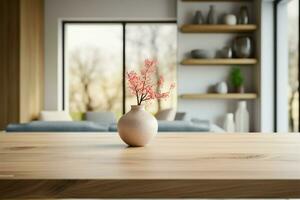 Softly blurred Scandinavian living room behind an empty wooden table AI Generated photo