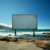 Oceanic outlook Vacant billboard by sandy coast with sea vista behind For Social Media Post Size AI Generated photo
