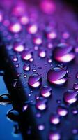 cerca arriba gotas de lluvia en ventana con calmante púrpura ligero esclarecedor ellos vertical móvil fondo de pantalla ai generado foto