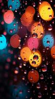 Colorful raindrops on a window, nights blurred light, abstract backdrop Vertical Mobile Wallpaper AI Generated photo