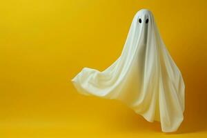 Ghostly apparition white sheet aloft against minimal yellow Halloween backdrop AI Generated photo