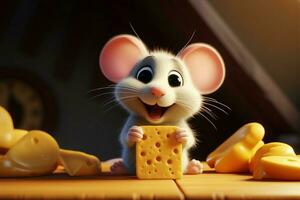 dibujos animados deleite un pequeño ratón sonrisas junto a queso en animado formar ai generado foto