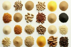 An assortment of isolated cereals and grains set against a white background AI Generated photo