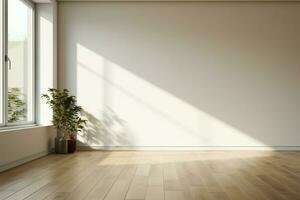 Daylight filled room with white walls and parquet floor for creativity AI Generated photo