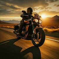 Highway sunrise cruise Speeding motorcyclist presents open copy space, symbolizing dawn expedition For Social Media Post Size AI Generated photo