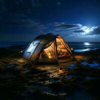 Under nights veil Tent pitched in the quiet of the nocturnal hours For Social Media Post Size AI Generated photo