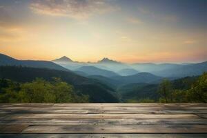 Backdrop of beautiful sunset sky and mountains complements the wooden table AI Generated photo