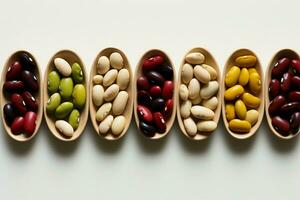 Beans in their natural colors pop on a minimalist, bright backdrop AI Generated photo