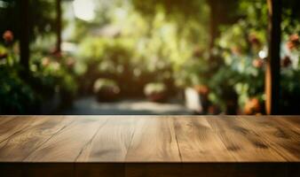 Empty wooden table with a garden backdrop, ideal for text marketing AI Generated photo