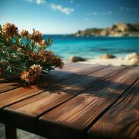 Island ambiance Blurred sea and sky behind wooden table, an inviting scene For Social Media Post Size AI Generated photo