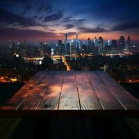 City night rendezvous Wooden table amid blurred sky and glowing urban backdrop For Social Media Post Size AI Generated photo