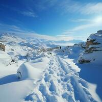 Hillside journey Snow covered footprints trace human climb amid serene snowy terrain For Social Media Post Size AI Generated photo