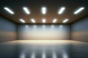 iluminado por parte superior luz, un vacío habitación en 3d representación ai generado foto
