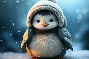 linda pingüino polluelo empaquetado en un nieve Saco soportes con confianza ai generado foto