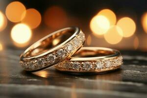 Sparkling silver and gold rings with bokeh, perfect for text AI Generated photo