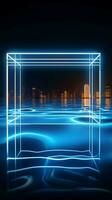 brillante 3d azul neón cuadrado reflejado en tranquilo agua vertical móvil fondo de pantalla ai generado foto