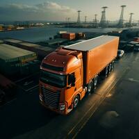 Cargo excellence Aerial shot shows semi truck, container, reflecting efficient logistics For Social Media Post Size AI Generated photo