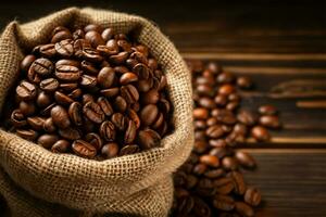 Coffee beans in burlap bag resting on rustic wooden background AI Generated photo