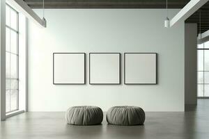 Minimalist art gallery with blank white wall for showcasing your work AI Generated photo