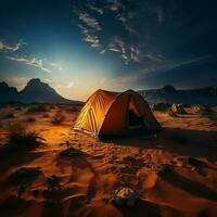 Sandy solitude Camping alone in barren desert, far from civilizations bustle For Social Media Post Size AI Generated photo