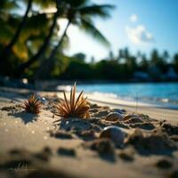 Island serenity Sand, palm, bokeh backdrop portray vacation concept, offering copy space For Social Media Post Size AI Generated photo