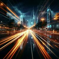 Buildings glow Light trails paint a dynamic picture against the modern urban backdrop For Social Media Post Size AI Generated photo