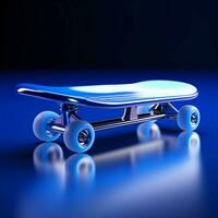 Board in focus, Vibrant blue backdrop enhances 3D rendered sleek skateboard For Social Media Post Size AI Generated photo