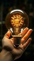 Hand grips light bulb, symbolizing innovation with cogwheel emblem Vertical Mobile Wallpaper AI Generated photo