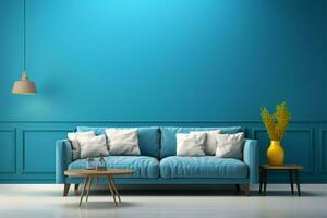 3D rendered living room, blue interior frame mock up, space for design AI Generated photo