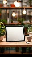 Empty space on a tabletop, tablet mockup, with blurred office Vertical Mobile Wallpaper AI Generated photo