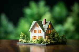 miniatura vivienda, rodeado por un fondo de verde bokeh ai generado foto