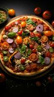 Indulge in a vegetable pizza, captured in all its glory from above Vertical Mobile Wallpaper AI Generated photo