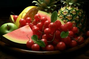 Exclusive display of watermelon, guava, pineapple, and cherries AI Generated photo