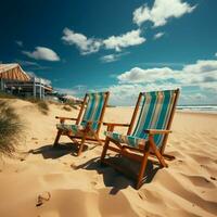 costero comodidad playa sillas en arenoso apuntalar debajo soleado azul cielo y nubes para social medios de comunicación enviar Talla ai generado foto