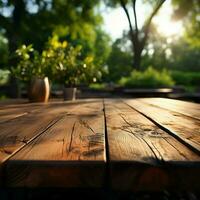 Empty wooden table for product display montages in the park with nature background For Social Media Post Size AI Generated photo