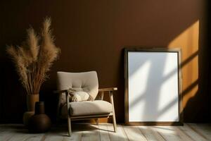 Brown armchair, pampas grass vase, and a blank vertical frame AI Generated photo