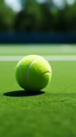 Playful match unfolds on a green tennis court with a ball Vertical Mobile Wallpaper AI Generated photo