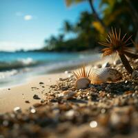 Travel paradise Sand and blurred palm with beach bokeh create summer themed concept For Social Media Post Size AI Generated photo