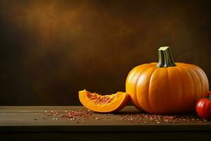 Cooking essential Organic pumpkin with space for text, blurred background AI Generated photo