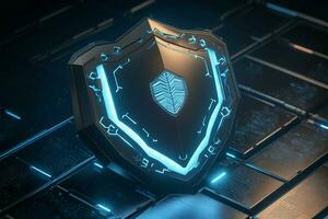 Blue themed 3D defense shield emerges within a tech savvy environment AI Generated photo